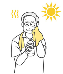 熱中症で水分補給するシニア男性のイラスト