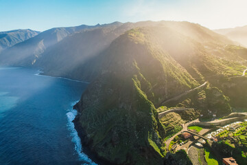 Aerial view of Ribeira da Janela beach with rock Ilheu Grande ,  Madeira Island, Portugal