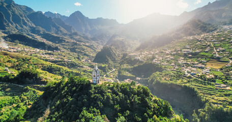 Sunny day with aerial view of Capelinha de Nossa Senhora de Fatima, Sao Vicente, Madeira Island, Portugal