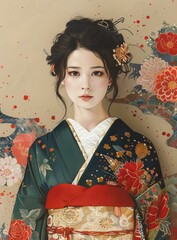 Portrait of a young woman in a kimono