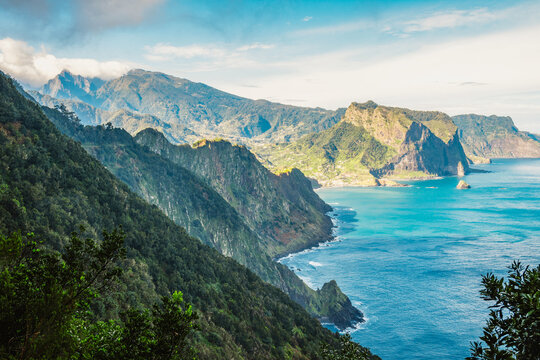 Views from Cabo de Larano viewpoint and Vereda do Larano coastal hiking trail. Cliffs atlantic ocean and tropical mountains vegetation. Madeira island in Portugal
