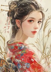 Beautiful Asian Woman in Traditional Japanese Kimono with Floral Design