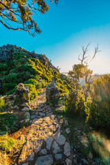 Hiking on the highest peak of Madeira Pico Ruivo next to the cottage Abrigo do Pico Ruivo. Views of the surrounding mountains lanscape during sunny day