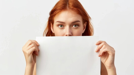A woman with red hair is holding a blank piece of paper - Powered by Adobe