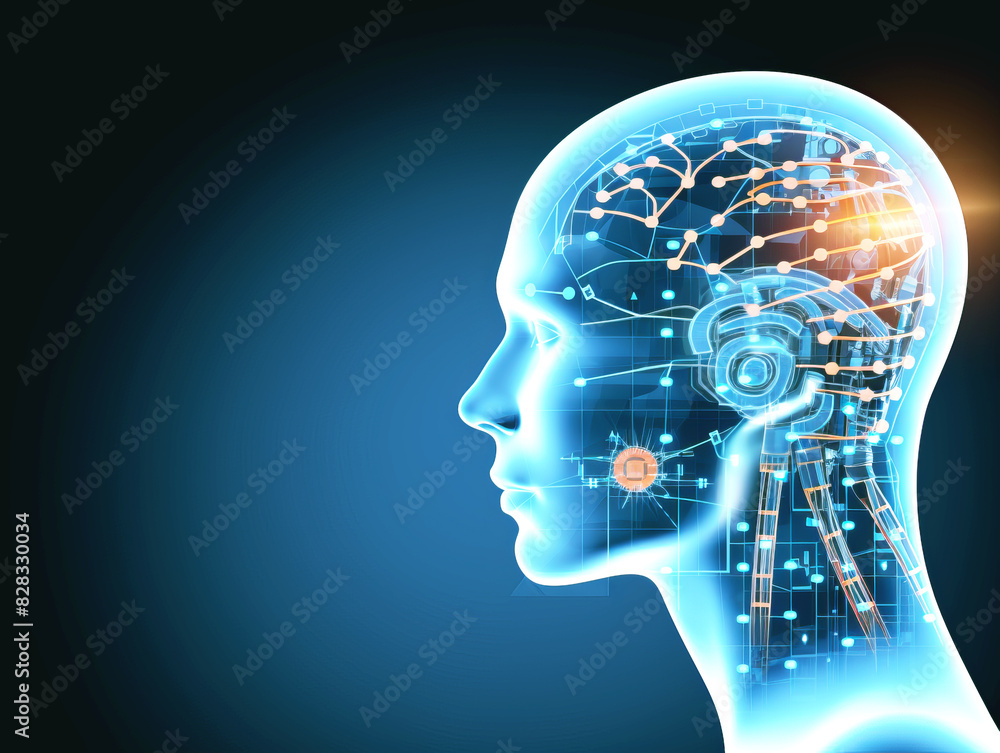 Poster side profile of a cyborg head with digital brain circuitry, graphical elements, on a dark blue backg