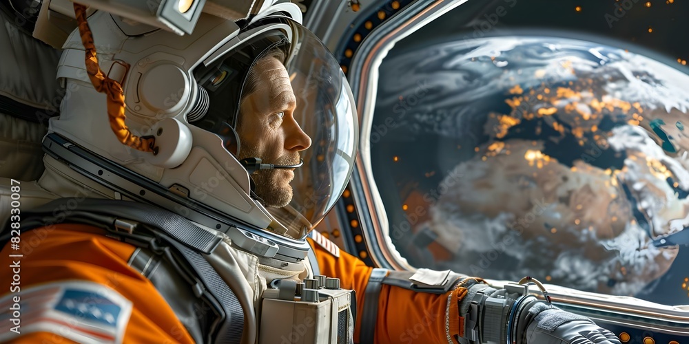 Poster astronaut gazes at earth through window in space station orbiting planet. concept space exploration,