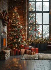 A Festively Decorated Christmas Tree Next to a Cozy Fireplace