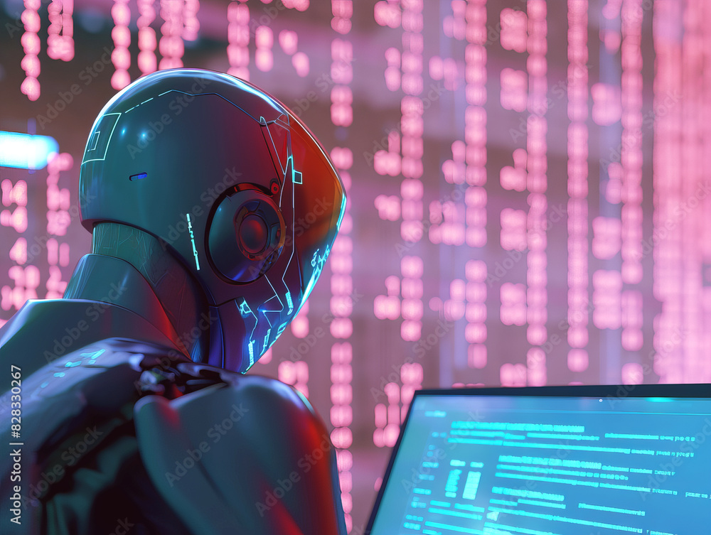 Poster A futuristic robot looking at code on a screen, with a digital pink and blue background, conveying a concept of advanced technology. Generative AI