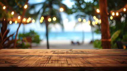 A wooden table with a view of the ocean and palm trees