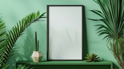 Empty Mockup Picture Frame on Green Wall with Indoor Plants and a Bamboo Chair