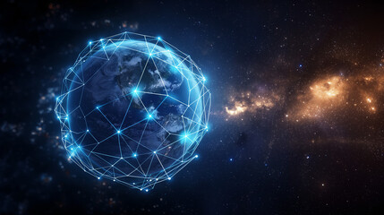 Obraz premium Global network visualization of Earth in outer space, representing the. connect of technology and communication across the world.