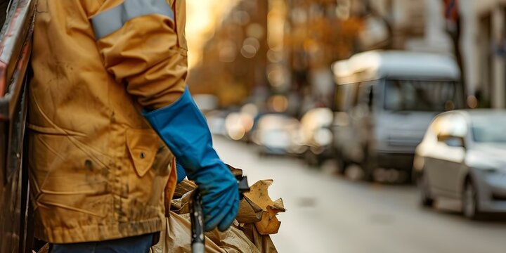 Closeup photo of garbage man in blue gloves cleaning city streets. Concept Garbage Man, Blue Gloves, City Streets, Cleaning, Closeup Photo