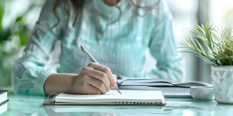 Individual jotting notes in a notebook. Concept Note-taking, Productivity, Organization, Study Habits, Writing