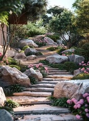 Obraz premium Chinese Garden Landscape Design Renderings: Villa Courtyard