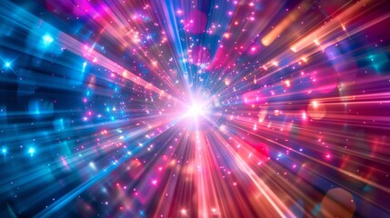 Fototapeta premium An abstract image showcasing a central spotlight surrounded by a disco light explosion. Spiral light beams in vivid colors create a captivating and vibrant background.