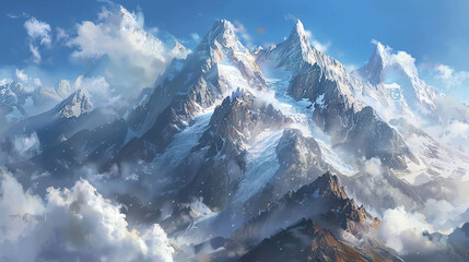 A snow-capped mountain with clouds in the background.

