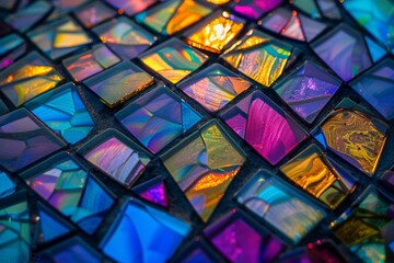 Close-up of a vibrant glass mosaic with a dazzling display of reflective colors, ideal for unique background textures or abstract art concepts 