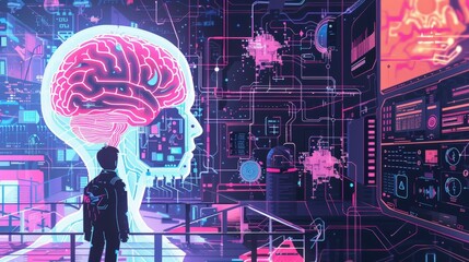 Conceptual illustration of a digital brain interface connecting humans and AI for seamless communication.