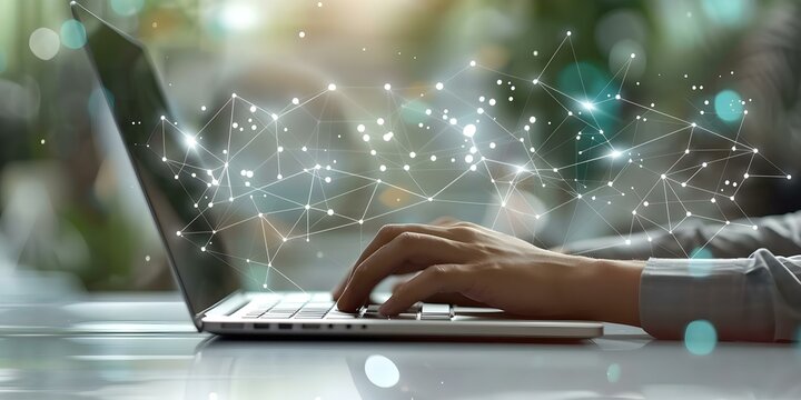 Businessman using laptop with AI IoT technology background for industrial development. Concept Businessman, Laptop, AI IoT Technology, Industrial Development, Background