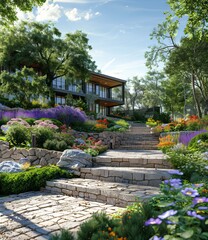 Obraz premium Lush Garden Stairway Leads to Modern Home