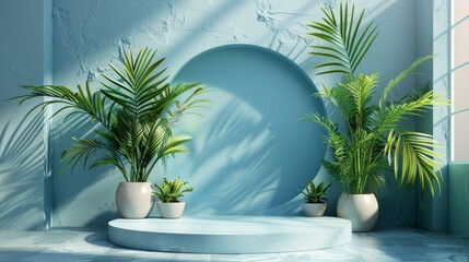 Blue Geometric Cylinder with Green Plants