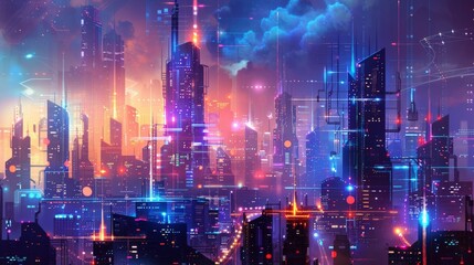 Futuristic cityscape with AI-controlled infrastructure, illustrating smart city concepts for urban development.