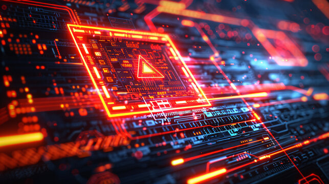A digital artwork depicting a cybernetic warning message displayed on a futuristic interface, alerting users to potential security threats or breaches