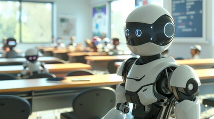 Robot teacher conducting a class in a futuristic classroom, illustrating the integration of technology in education.
