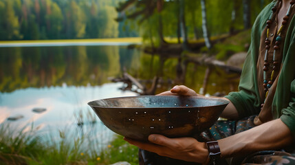 August 11 is International Steel Drum Day. A steel drum in the hands of a musician on the river...