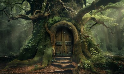 An ancient tree which has many doors, each of which may lead to a different realm or dimension.