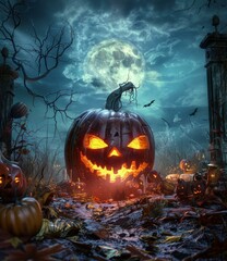 Naklejka premium Eerie Halloween Pumpkin under Mystical Moon