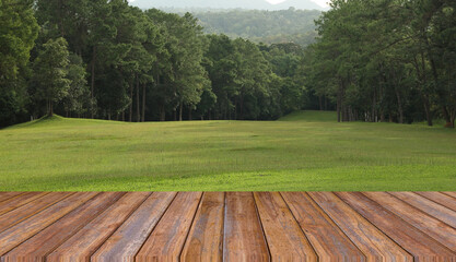 Wooden floor and golf course background. Fresh spring green golf course with wood floor. Beauty...