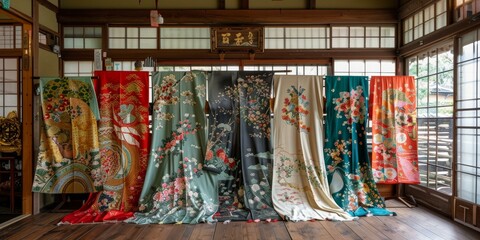 A variety of colorful kimono with traditional Japanese patterns