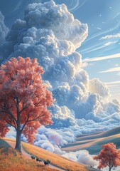 Fototapeta premium Surreal Tree and Dreamy Cloudscape in an Imaginary Sky