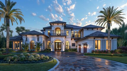 Large luxury house with palm trees in front