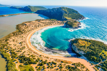 Aerial view of voidokilia beach, lagoon with beaches in mediterranean, Ionian Sea, Pylos town ,...