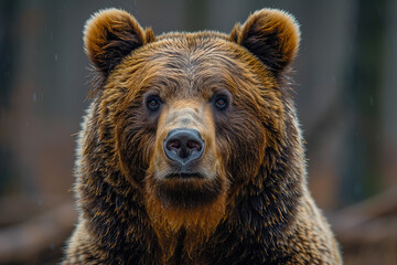 Obraz premium Large brown bear standing alert in a sunny forest clearing