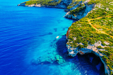 Blue caves on Zakynthos island or Zante Island, Greece. Beautiful views of azure sea water and nature with cliffs cave