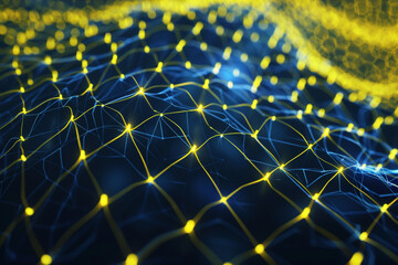 Obraz premium Luxurious and detailed digital art with a sapphire wireframe and golden plexus nodes.