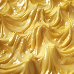 "Golden Glossy Texture: Close-up of a Creamy Liquid with Wavy Patterns"