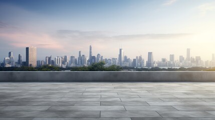 Obraz premium Modern city skyline with empty terrace during sunrise, urban landscape, serene sky view. Ideal for business, travel and architecture themes.