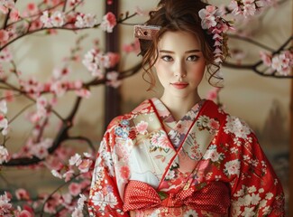Fototapeta premium Japanese Woman in Traditional Red Kimono with Cherry Blossom Flowers
