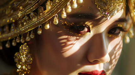 Close-up of a traditional Thai dancer in costume, with light casting shadows and highlighting the intricate details of their attire.