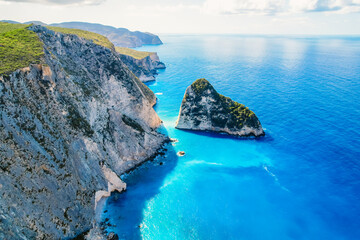 Plakaki beach on Zakynthos island or Zante Island, Greece. Beautiful views of azure sea water and nature with cliffs cave