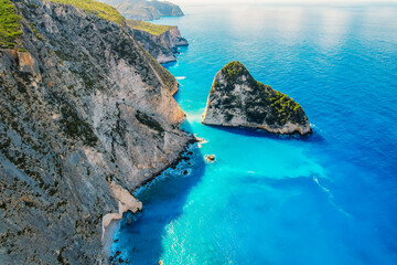 Plakaki beach on Zakynthos island or Zante Island, Greece. Beautiful views of azure sea water and nature with cliffs cave