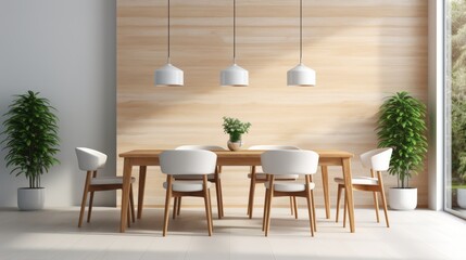 Modern dining room with wooden table, white chairs, and pendant lights. Minimalist design with natural light and green plants for a cozy atmosphere.
