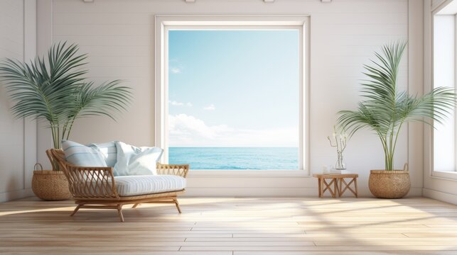 Fototapeta Bright coastal living room with wicker furniture large window ocean view indoor palm plants