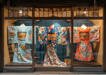 Three traditional Japanese kimono on display in a shop window