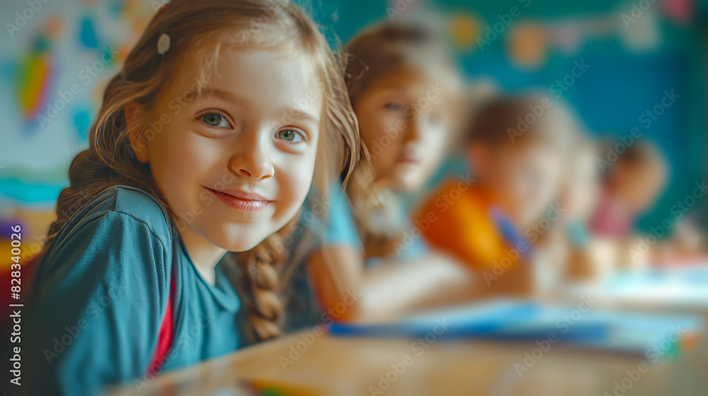 Poster A smiling young girl in focus with classmates blurred in the background, capturing a moment of joy in a colorful classroom. Generative AI