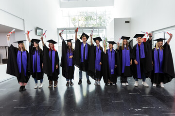 Students, graduation and group portrait of faculty friends with diplomas in the university hall
